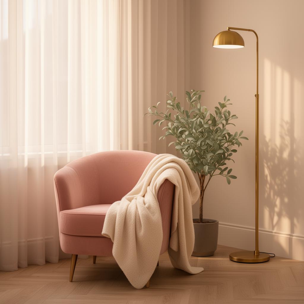 Blush velvet armchair in a serene corner of the salon