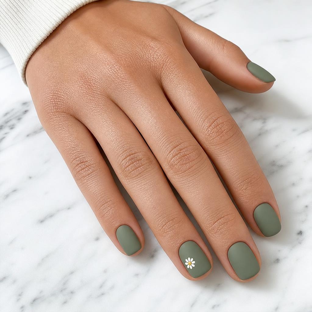 Sage green matte nails with daisy detail