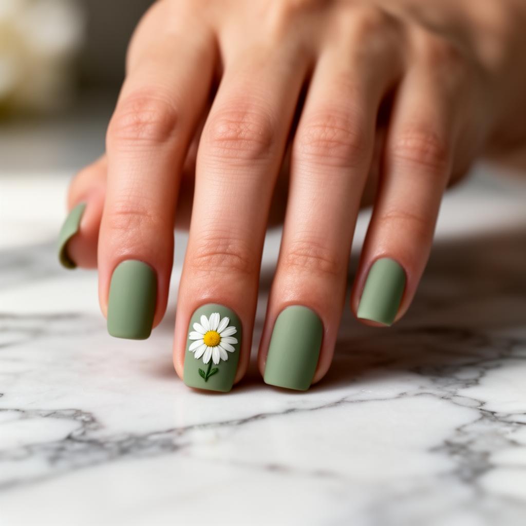 Sage green matte nails with daisy detail