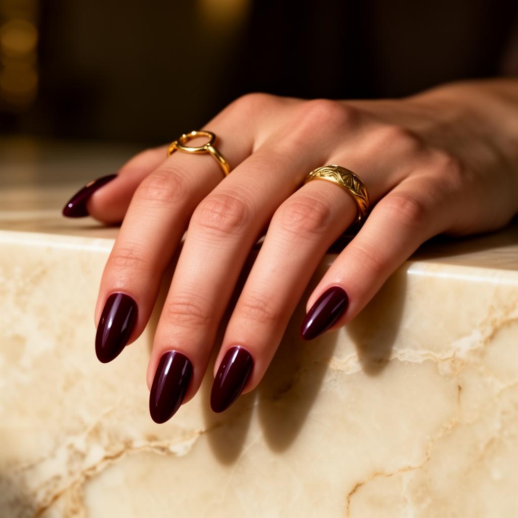 Glossy burgundy almond nails