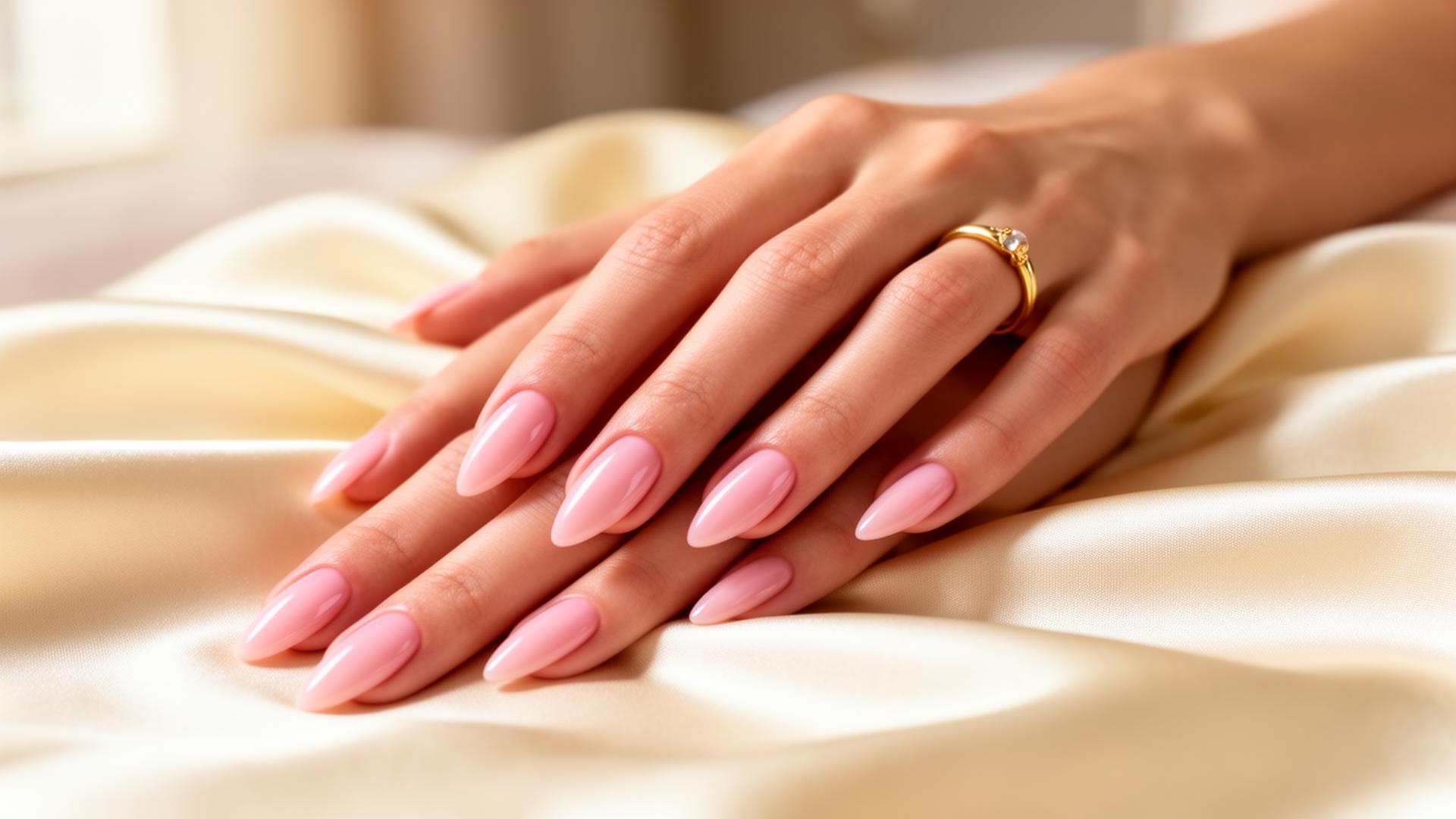 Hand with elegant soft pink manicure resting on cream silk